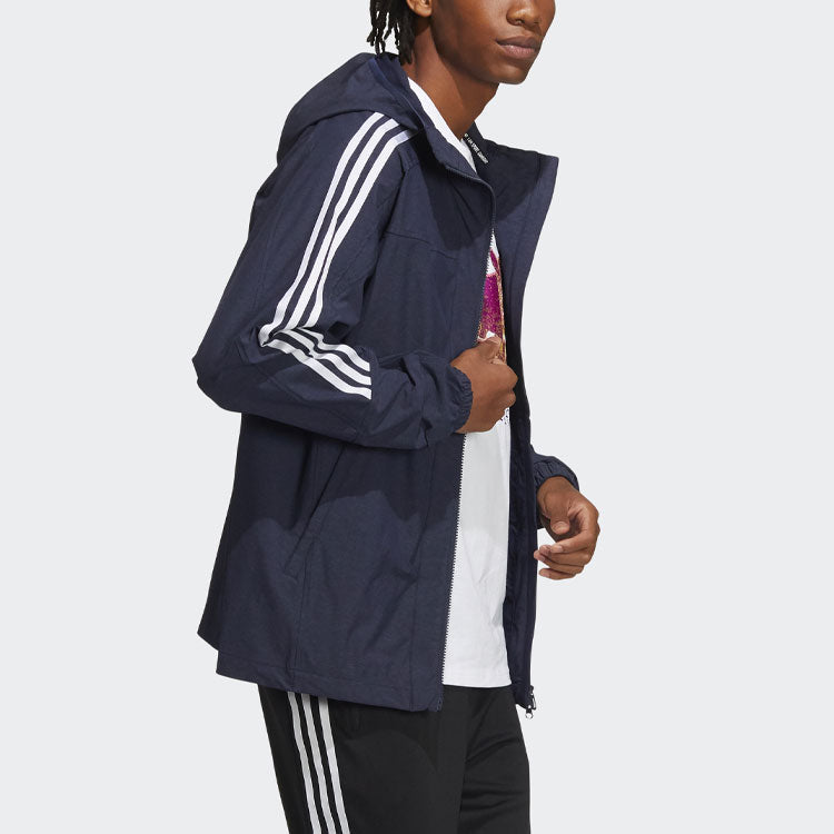 Men's adidas Contrasting Colors Stripe Sports Hooded Jacket Legendary Ink Blue HC9956