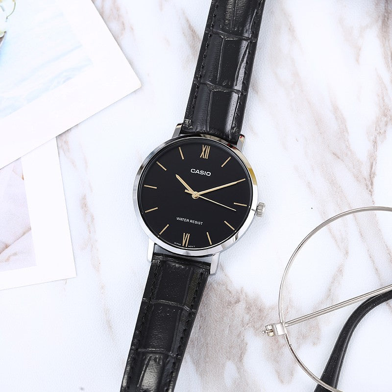 CASIO Leather Band Waterproof Quartz Black Analog LTP-VT01L-1B