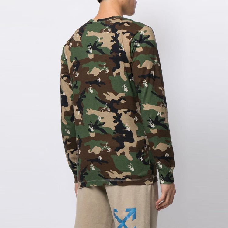 Men's Off-White SS21 Camouflage Printing Loose Long Sleeves Green T-Shirt OMAB001S21JER0115600