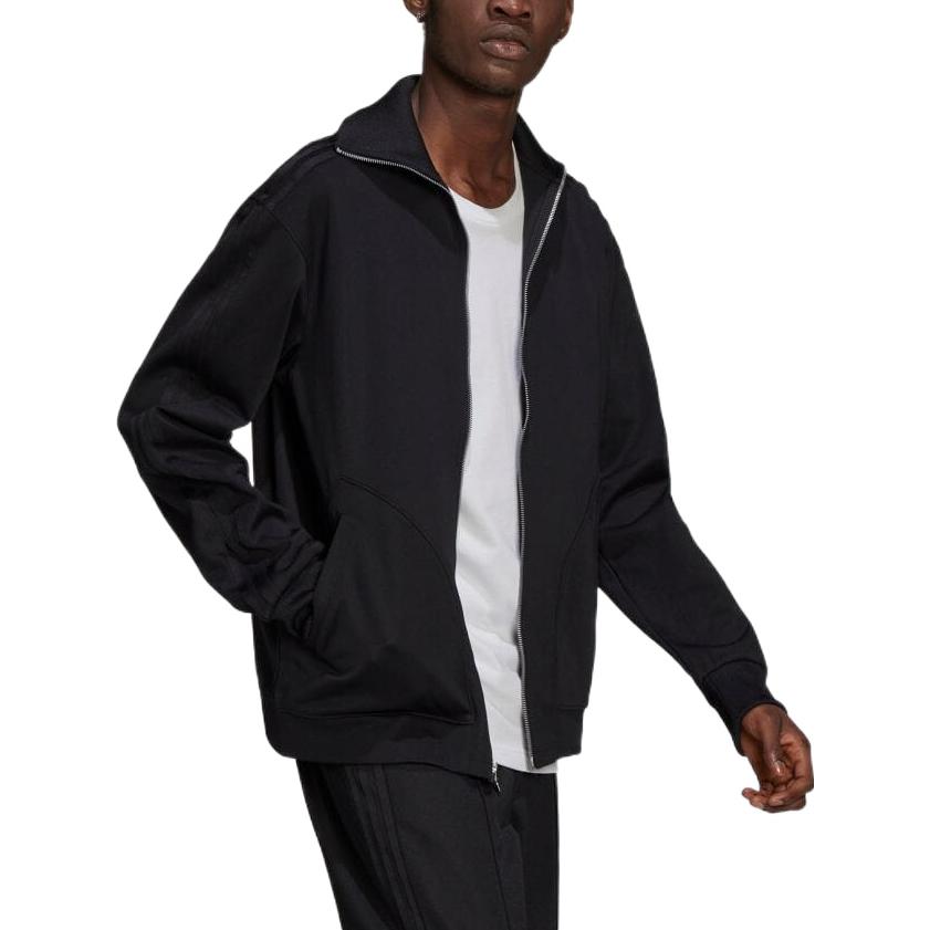 Men's adidas Solid Color Zipper Lapel Stripe Long Sleeves Jacket Black H11373