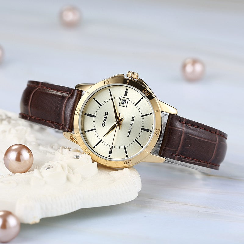CASIO Vintage Waterproof Leather Band Gold/ Brown Analog LTP-V004GL-9A