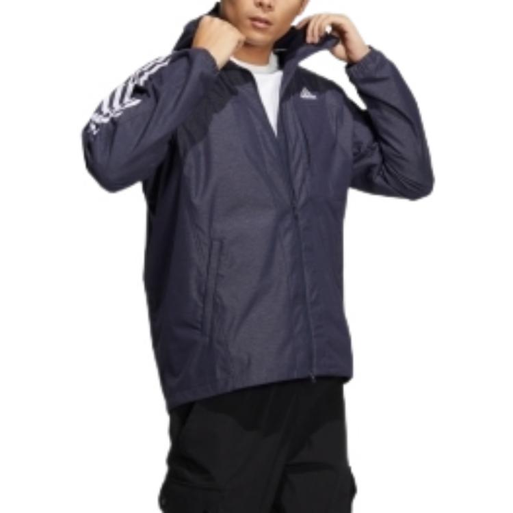 Men's adidas Classic Logo Printing Zipper Hooded Jacket Navy Blue HM2721