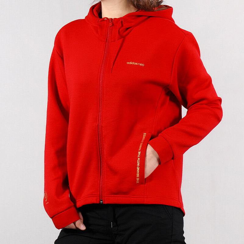 (WMNS) adidas neo Flowers Printing Sports Drawstring Hooded Jacket Red DZ7598