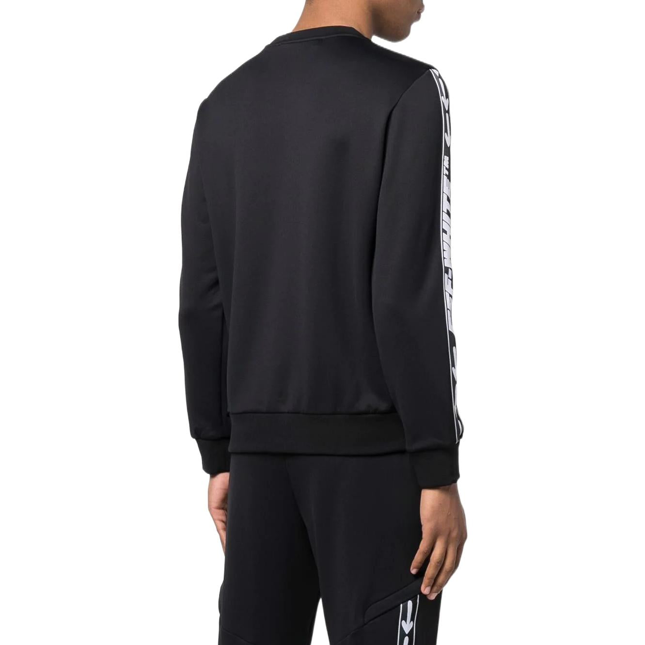 Men's Off-White FW22 Asymmetric Splicing Logo Webbing Round Neck Long Sleeves Black OMVD003C99FAB0011001