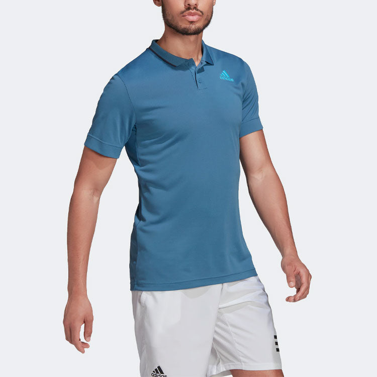 Men's adidas Gameset Logo Printing Solid Color Tennis Sports Short Sleeve Blue Polo Shirt HB9137