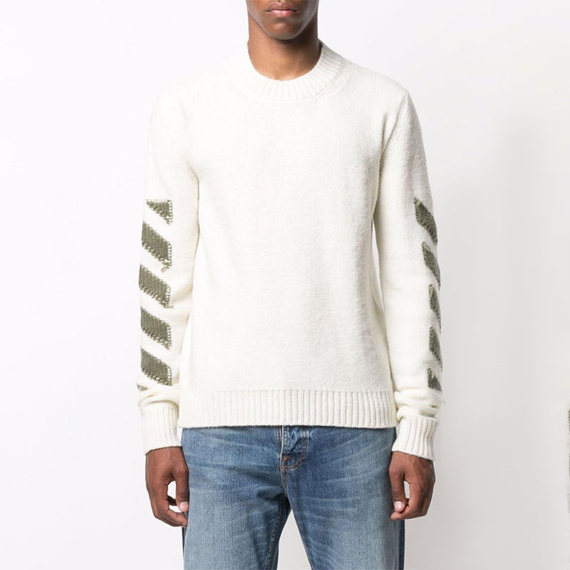 Men's Off-White FW21 Arrow Logo Round Neck Pullover Wool Sweater Loose Fit Milky White OMHE088F21KNI0016155