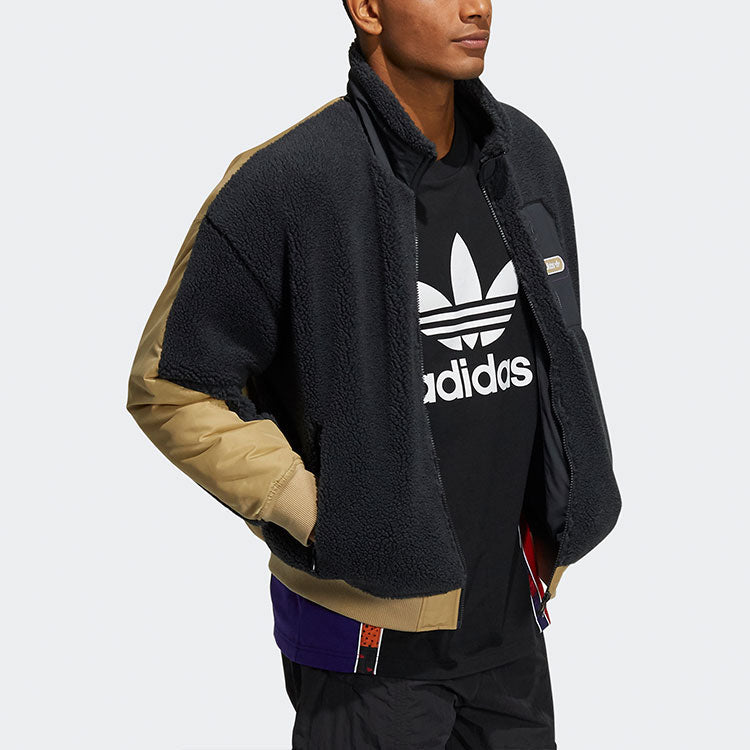 Men's adidas originals Mr Sherpa Jkt Suede Splicing Stand Collar Logo Sports Jacket Black HC0374