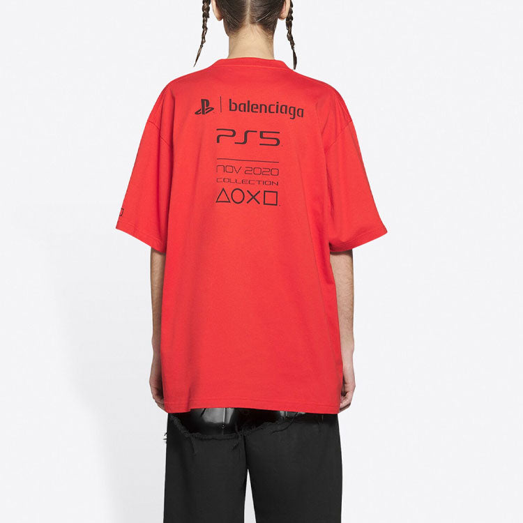 Balenciaga x PlayStation Crossover FW21 PS5 Alphabet Geometry Pattern Printing Short Sleeve Unisex Red 651795TKVF36552