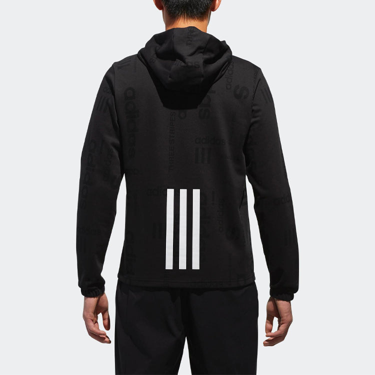 Men's adidas neo Full Print Logo Sports Pullover Hooded Knit Black CV7570