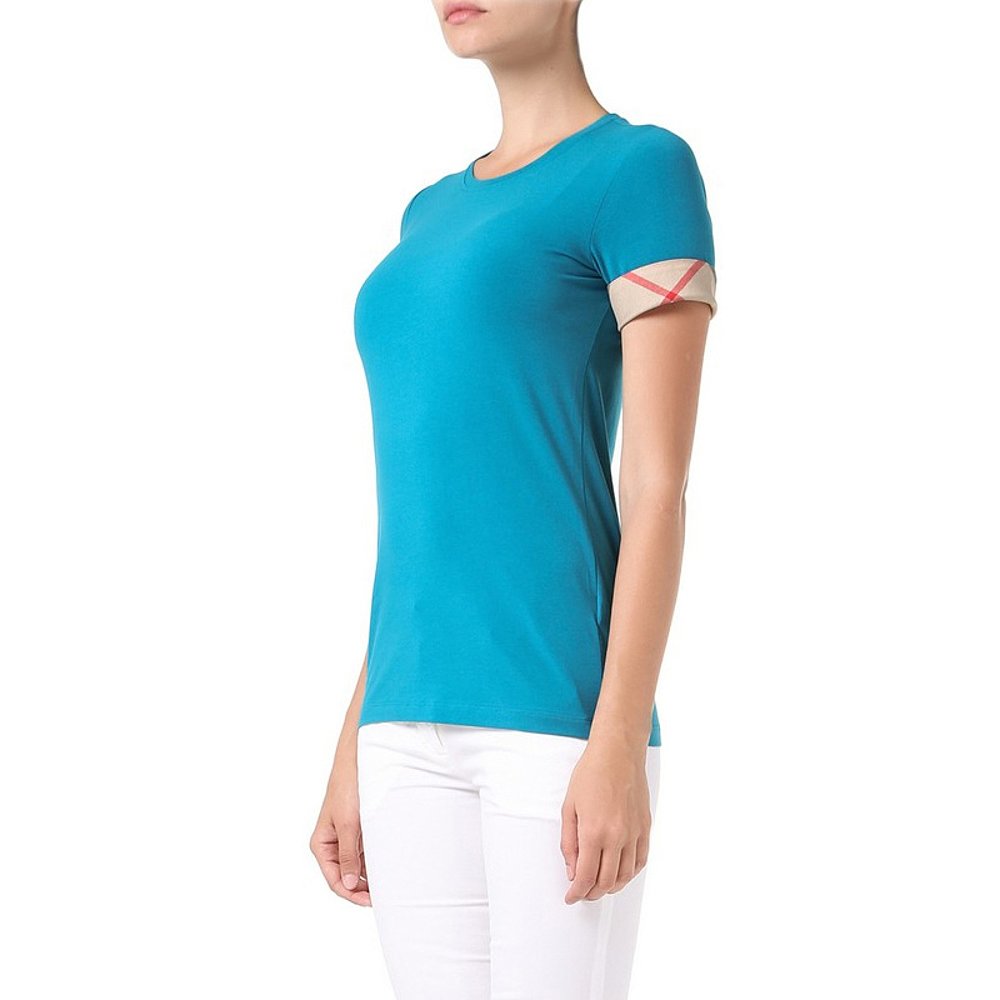Burberry Cuff Plaid Round Neck Pullover Short Sleeve Lake Blue 39684931