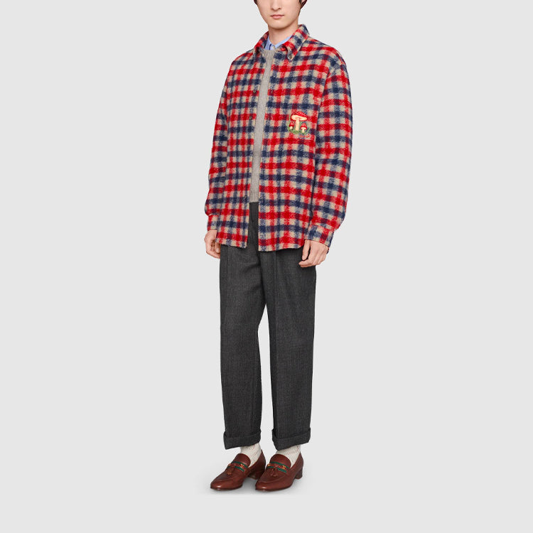 Gucci Checked Wool Shirt With Mushrooms 'Red Blue' 636405-ZAFK3-9038