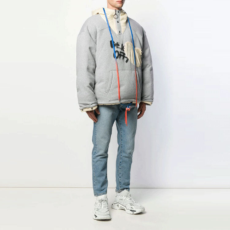 Men's Off-White Graffiti Alphabet Printing Double Sided Design Zipper Jacket Loose Fit Gray OMED018F19E150062410