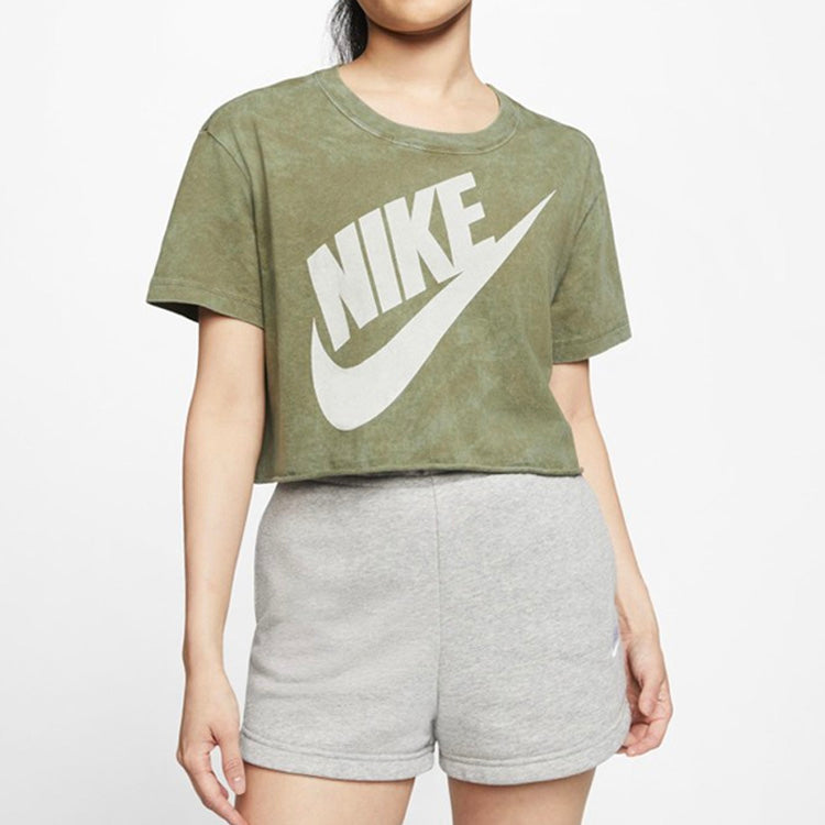 (WMNS) Nike Sportswear Wash Futurura Logo Printing Short Sleeve Olive Green CT8930-222