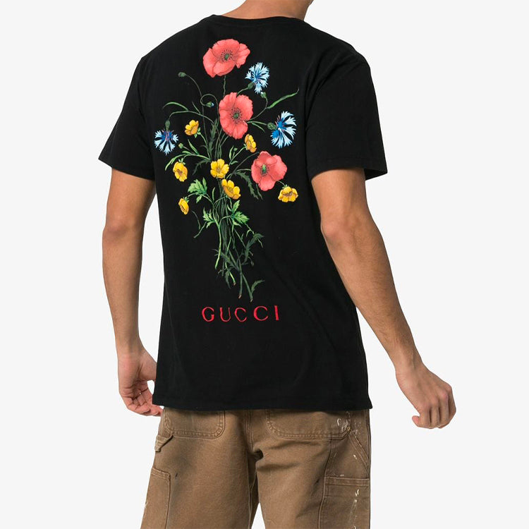 Gucci Back Flowers Printing Short Sleeve Unisex Black T-Shirt 493117-XJALD-1206