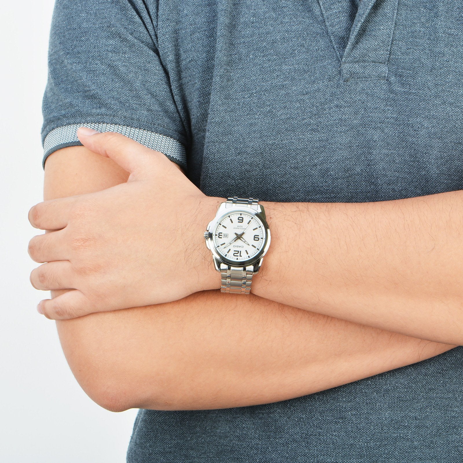 CASIO STANDARD Steel Band Men's White Stainless Steel Strap White Dial Mens White Analog MTP-1314D-7A