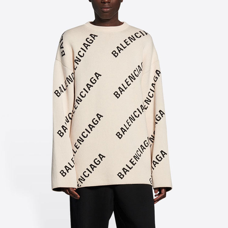 Balenciaga All Over Logo Crewneck Wool Knit Sweater 'White' 657401T32009054