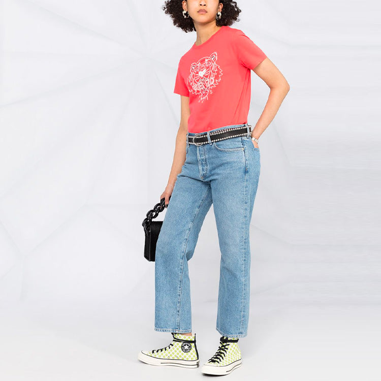 KENZO SS21 Tiger Head Pattern Logo Round Neck Short Sleeve Red FB52TS8464YB-18