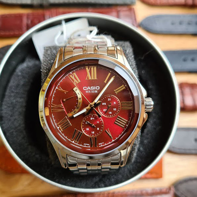 Men's CASIO Waterproof Date Display Quartz Red Dial 41mm Stainless Steel Strap Watch Analog Mens MTP-E311DY-4AVDF