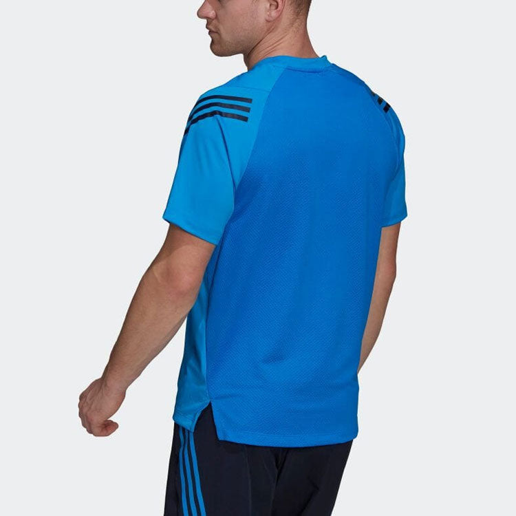 Men's adidas Stripe Logo Printing Round Neck Pullover Short Sleeve Blue T-Shirt HC2762