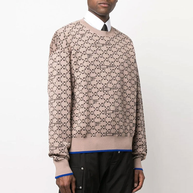 Men's Off-White Logo Pattern Ribbed Knit Pullover Wool Sweater Version Beige OMHE118S22KNI0016210