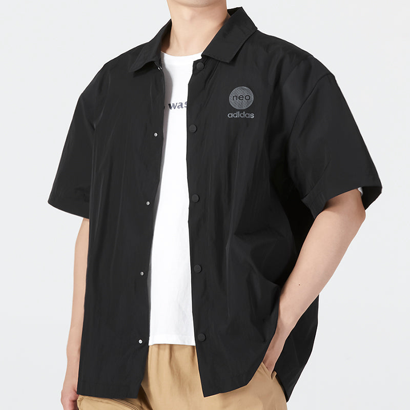 adidas neo Solid Color Alphabet Logo Printing Athleisure Casual Sports lapel Short Sleeve Shirt Black HM9977