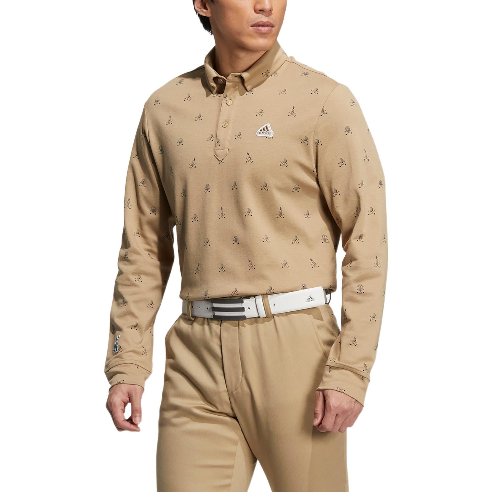 Men's adidas Solid Color Full Print Pattern Long Sleeves Hemp Color Polo Shirt HI5100