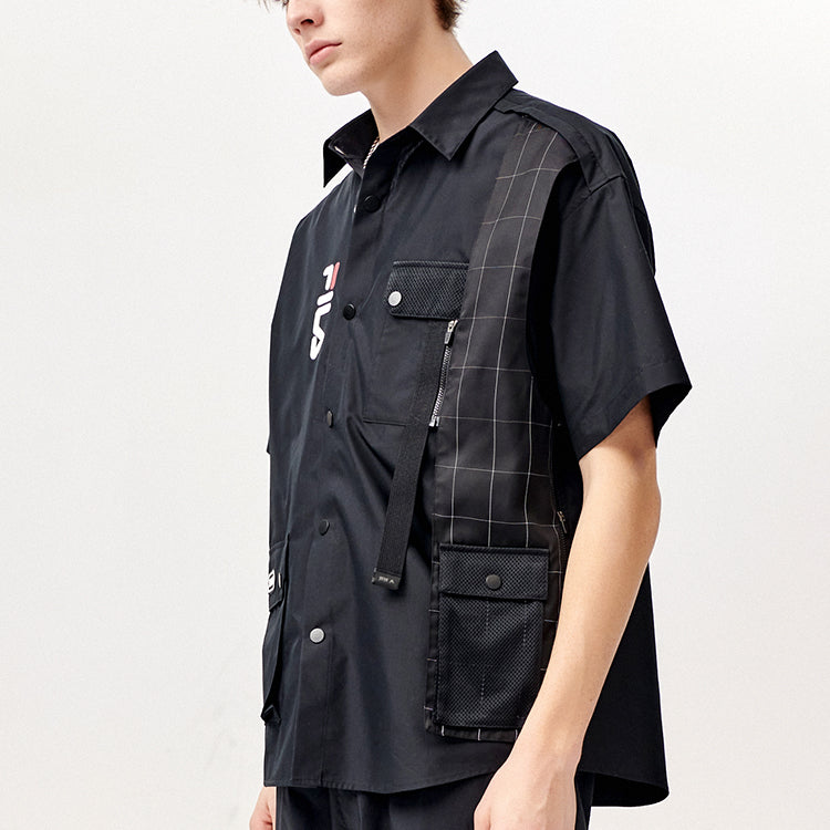 Men's FILA FUSION Multiple Pockets Splicing Short Sleeve Shirt Black T11M123403A-BK
