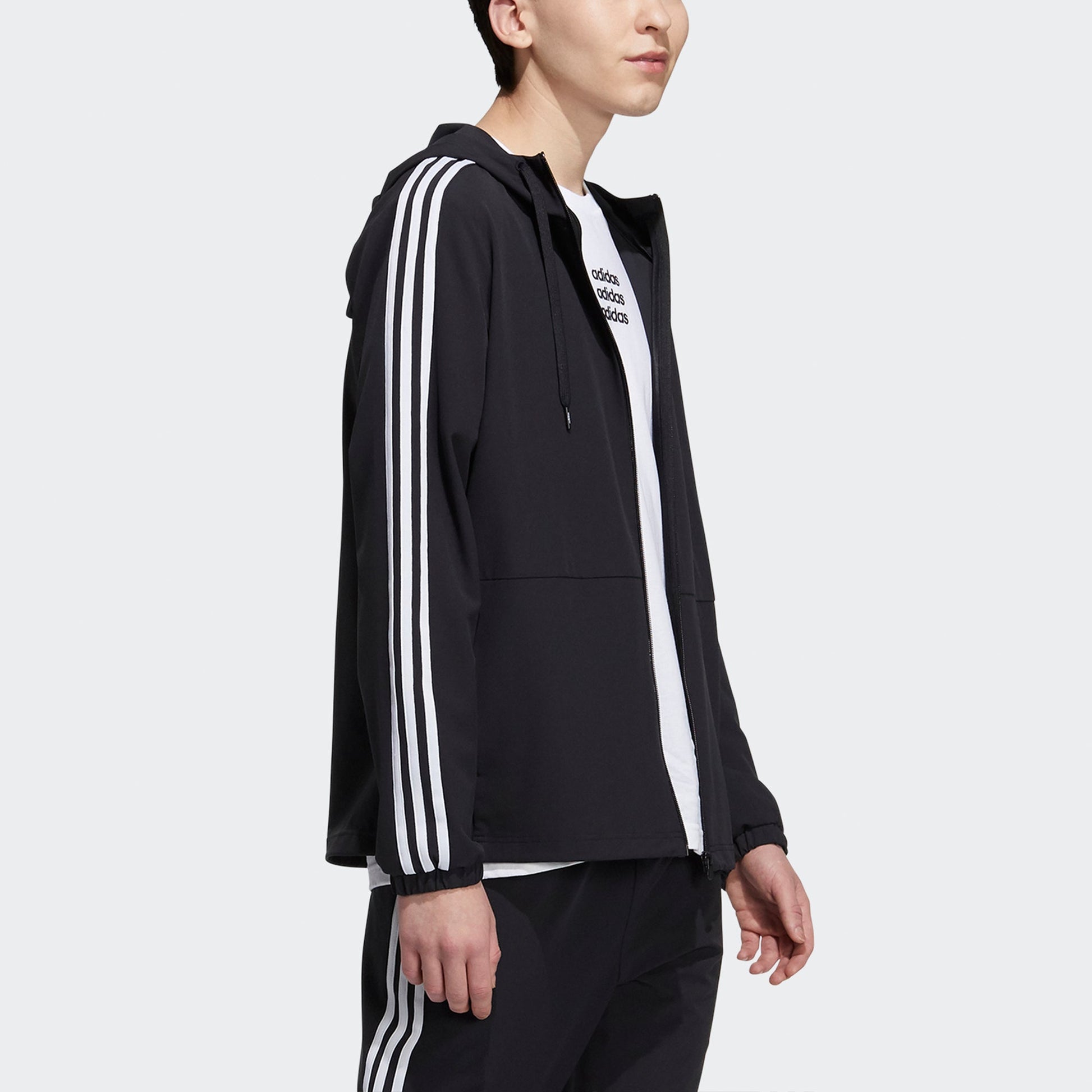 Men's adidas neo Ce 3s Wndbrk Casual Sports Stripe Hooded Jacket Black H14196