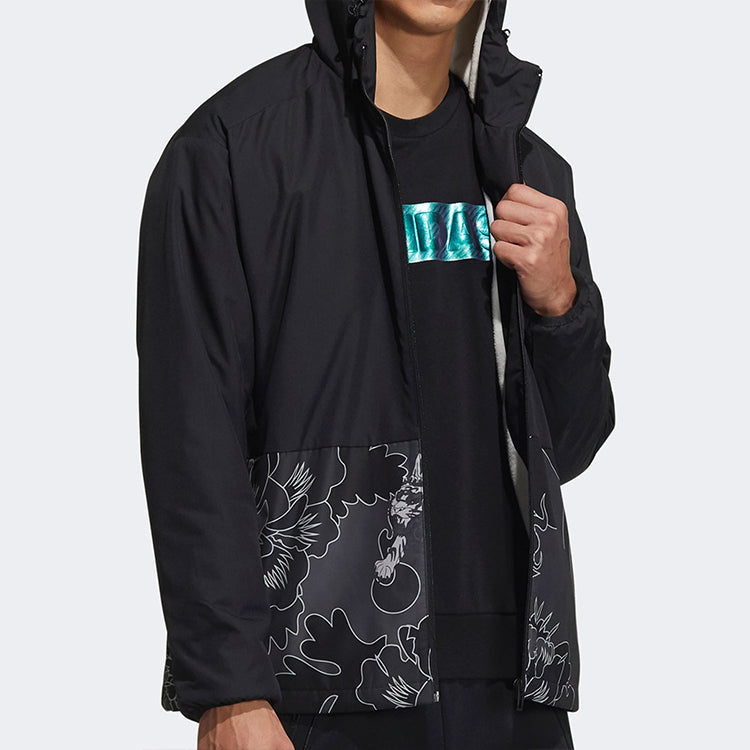 adidas Aop Block Colorblock Windproof Fleece Lined Stay Warm Hooded Jacket Black GT6484