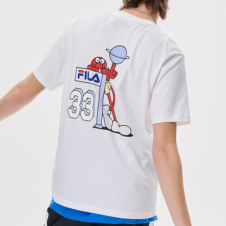 Men's FILA FUSION Cartoon Basketball Sports Printing Round Neck Short Sleeve White T11M135108F-WT