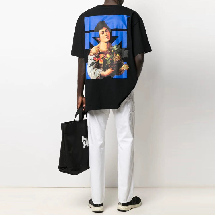 Off-White 21SS Painting Blue Arrow Cartoon Short Sleeve Loose Fit Black OMAA038S21JER0071040