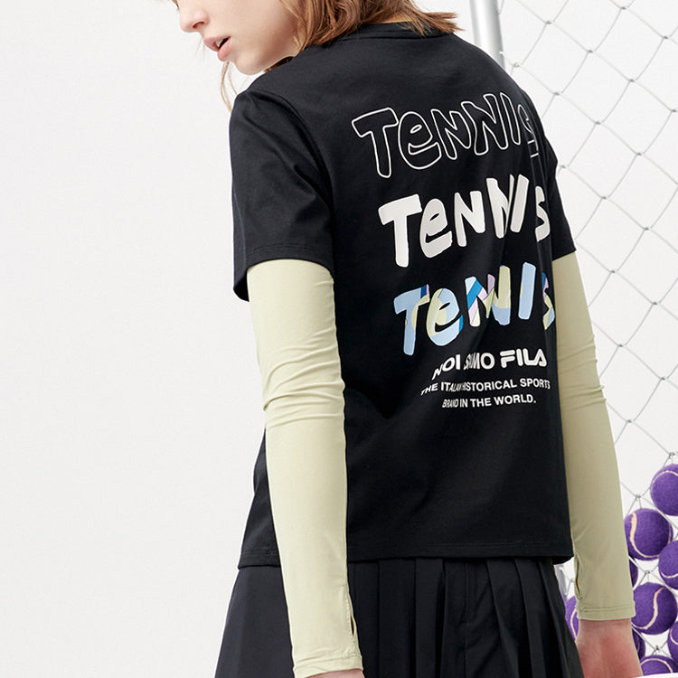FILA FUSION Alphabet Printing Round Neck Tennis Short Sleeve Dark Black T-Shirt T11W121109F-BK