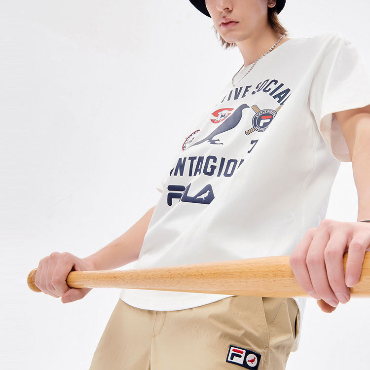 Men's FILA FUSION x staple Crossover Baseball Pattern Printing Loose Sports Short Sleeve White T-Shirt T11M134108F-WT