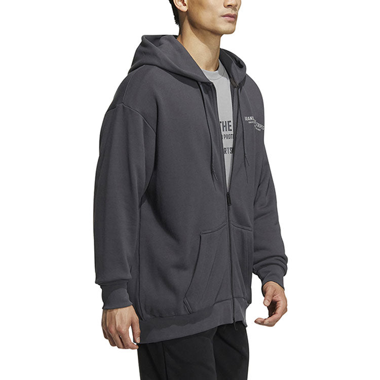 Men's adidas Alphabet Printing Pattern Drawstring Pullover Hooded Long Sleeves Jacket Gray HZ7028