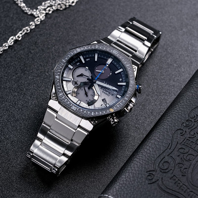 CASIO EDIFICE Sports Solar Powered Waterproof Sapphire Crystal Black DialSilver Strap Mens BlackSilver Analog EQB-1100AT-2APR