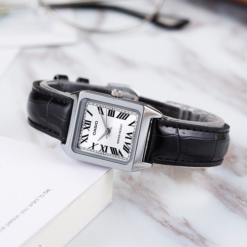 CASIO Leisure Pointer Vintage Leather Squarees Quartzes White Analog LTP-V007L-7B1