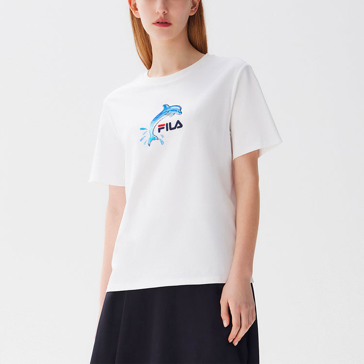 (WMNS) FILA Dolphin Pattern Sports Round Neck Short Sleeve White F11W128119F-WT