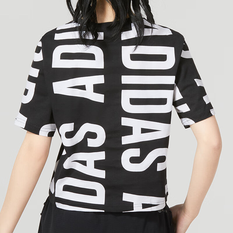 (WMNS) adidas Essentials Oversized Allover Print Cropped T-Shirt 'Black White' HC9161