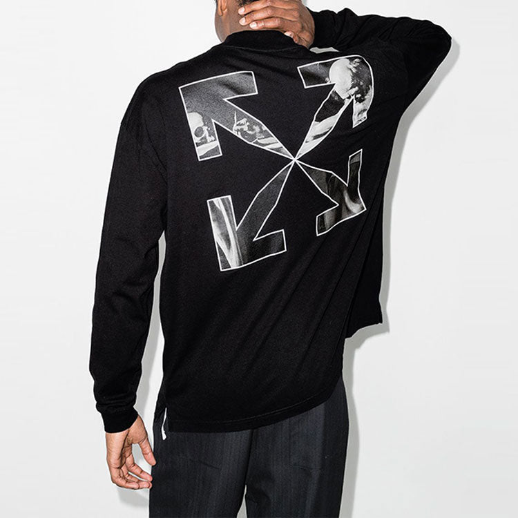 Men's Off-White FW21 Logo Alphabet Arrow Round Neck Long Sleeves Loose Fit Black T-Shirt OMAB032C99JER0011001