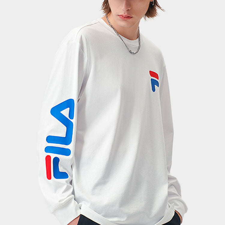 FILA FUSION Logo Printing Knit Loose Sports Round Neck Long Sleeves Couple Style White T11U156204F-WT