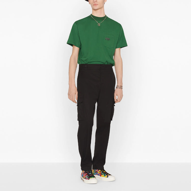 Men's DIOR x KENNY FW21 Crossover Pocket Alphabet Pattern Loose Short Sleeve Green 193J635A0677-C679
