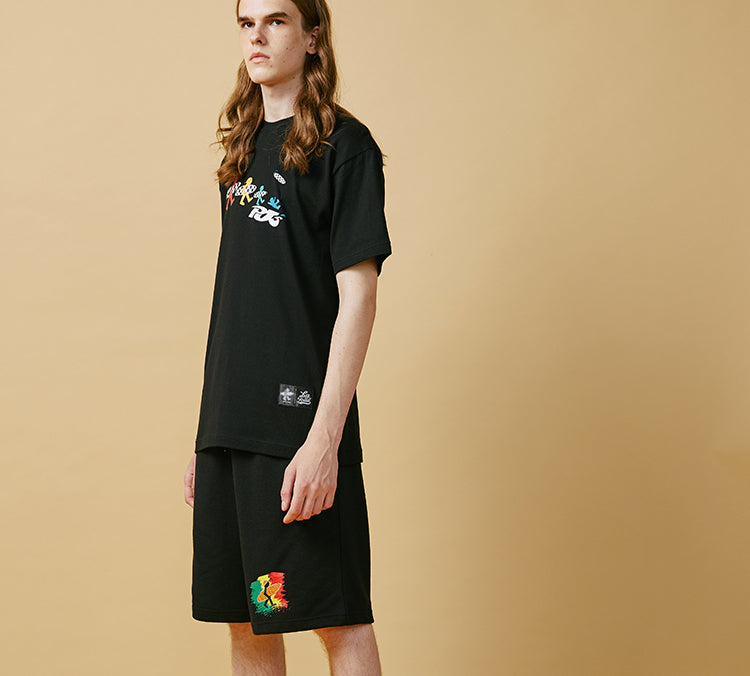 PJ's Vigor Multi-Color Surf Grid Pattern Printing Short Sleeve Unisex Black 20SSTS1024-P