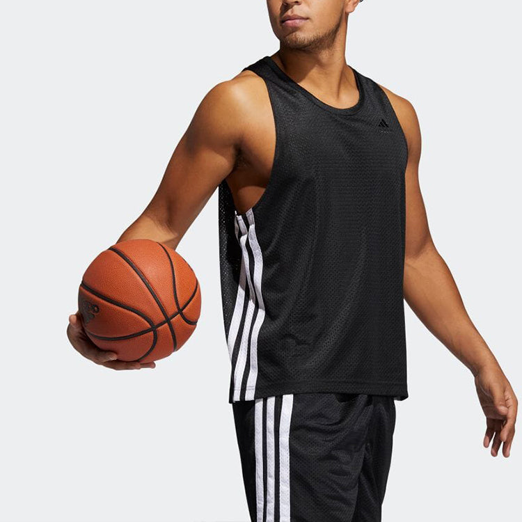 Men's adidas Solid Color Logo Stripe Round Neck Sports Black Vest GK8410