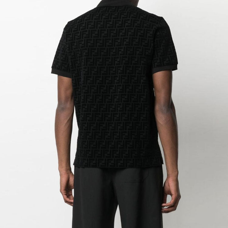 Men's FENDI FF Alphabet Dark Pattern Printing Short Sleeve Black Polo Shirt FY0985A7D5F0ABB