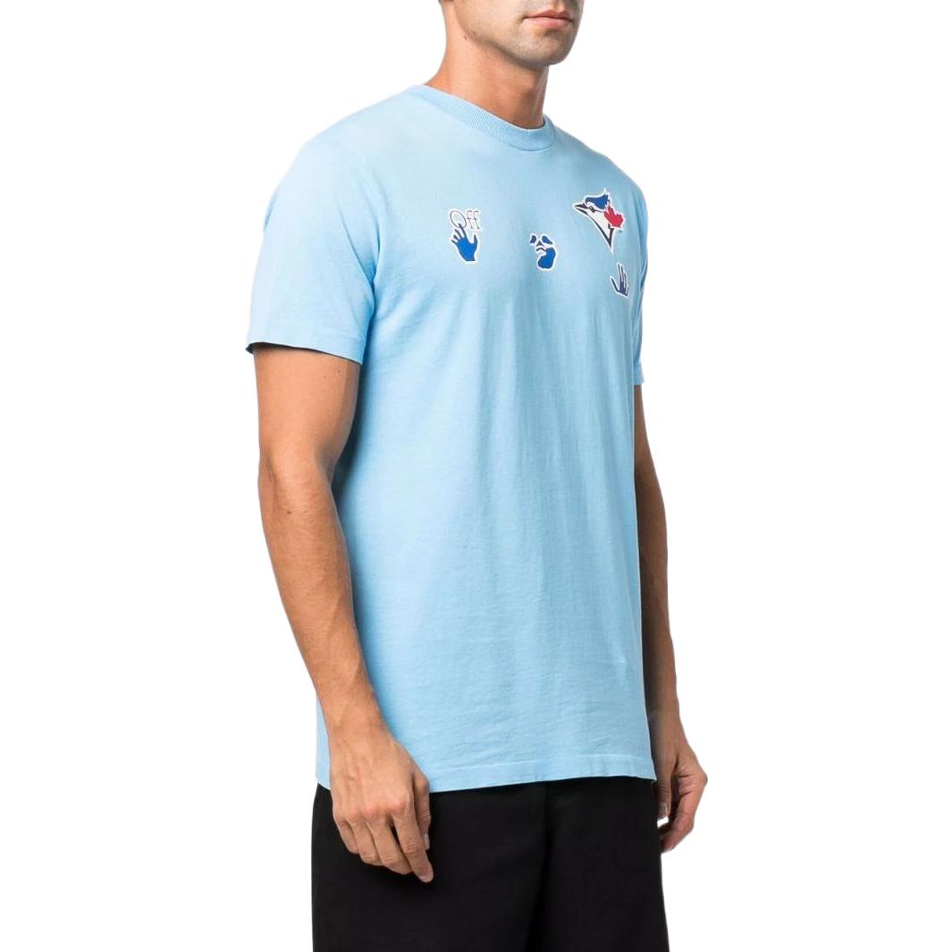 Men's Off-White SS22 Logo Printing Short Sleeve Blue T-Shirt OMAA027G21JER01040454045