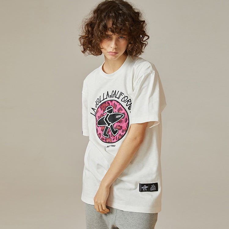 PJs Vigor Surf Alphabet Embroidered Leopard print Cotton Short Sleeve Loose Round Neck Unisex White 20SSTS1012-P