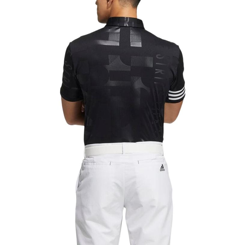 Men's adidas Stripe Embossing Printing Logo Short Sleeve Button Black Polo Shirt HA3116