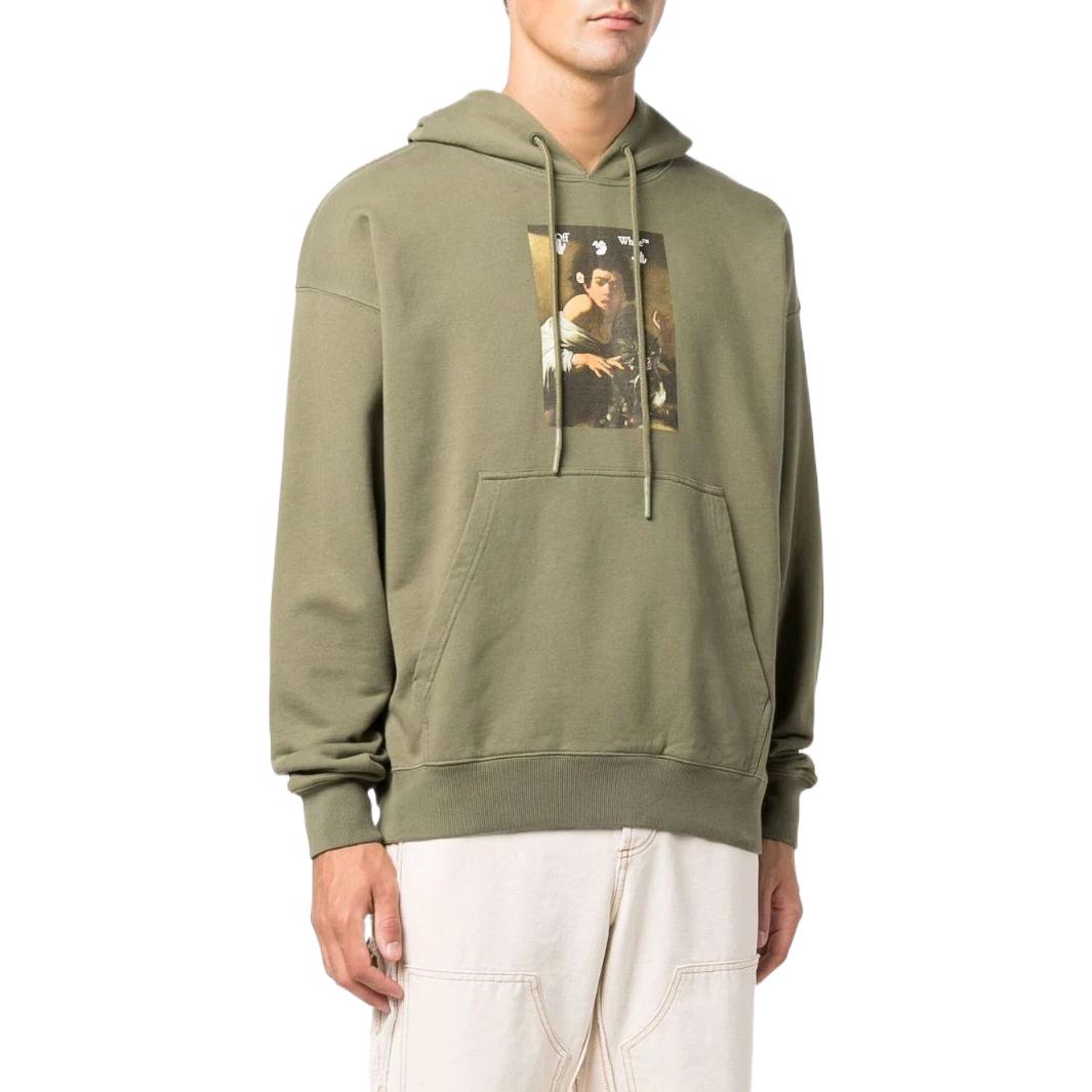 Men's Off-White SS22 Solid Color Illustration Printing Hooded Long Sleeves Version Green OMBB085F21FLE01355845584