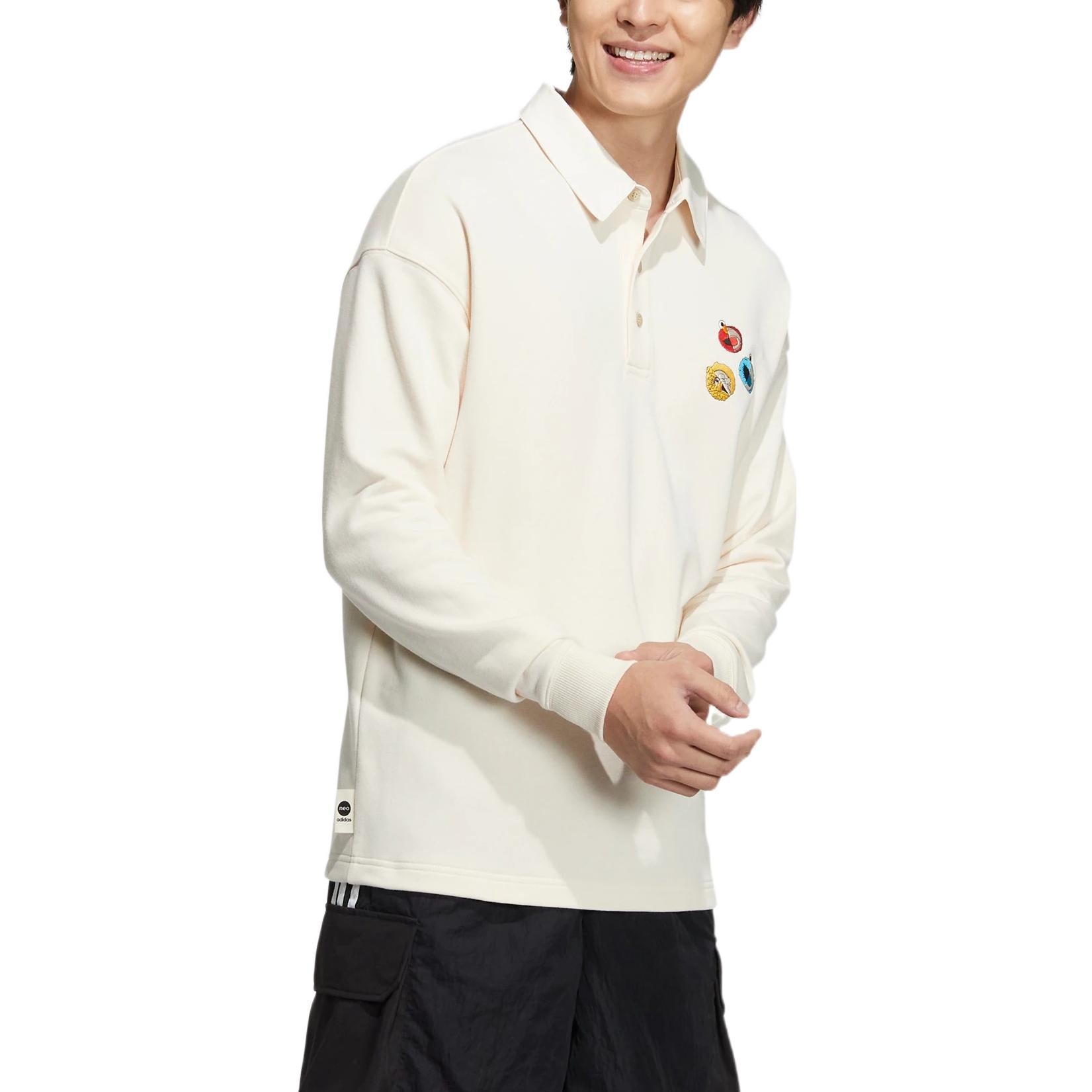 adidas neo x SESAME STREET x JF Crossover Back Logo Printing Pattern Lapel Long Sleeves White Polo Shirt HM9949