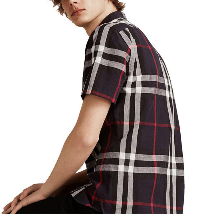 Men's Burberry Plaid Short Sleeve Shirt Navy Blue 40154301